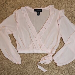 Know One Cares Sheer Mesh Pink Ruffle Wrap Blouse
